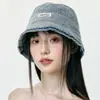 Sombrero de Pescador de Mezclilla Lavada Vintage Desgastada para Mujer, Primavera y Verano, Circunferencia de Cabeza Grande, Sombrero de Cubo Adelgazante, Sombrero de Cubo Protector Solar