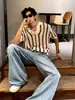 Camisa Polo Casual Solta de Manga Curta Roupas Masculinas Amazon Estilo Europeu e Americano Malha Grossa Trançada Malha Vazada Color-Blocking Listrado Malha de Lã