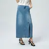 Falda de mezclilla simple de cintura alta para mujer, 26 nuevos productos de verano, diseño deconstruido con abertura lateral, falda de mezclilla lavada de corte A