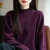 Primavera 2026 Nuevo Estilo Algodón Puro Engrosado Cuello Medio Alto Tejido Estilo Coreano Manga Larga Color Sólido Holgado Versátil Camiseta Básica para Mujer