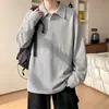 Cuello de gaviota, estampado de espiga, manga larga para hombre, otoño, retro americano, corte holgado, camiseta base, polo pesado de moda