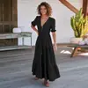 Vestidos Populares Europeus e Americanos Transfronteiriços, Roupas Femininas de Alto Padrão, Vestido Longo de Renda com Botões e Cadarço em V, Vestido Elegante e Sofisticado Estilo Francês