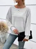 Camiseta de punto casual cómoda de manga larga con cuello redondo y retazos de color liso, nueva para otoño e invierno, transfronteriza europea y americana de Amazon para mujer