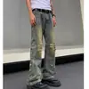 Jeans Rotos de Hombre Estilo Americano Vintage Amarillo Viejo Teñidos con Barro Salpicaduras de Tinta High Street Ajustados Altos Modernos Pantalones de Campana