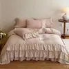 Conjunto de cama de mistura de algodão e linho de quatro peças, todo em linho de algodão, respirável, com toque natural, capa de edredom com renda bordada romântica francesa