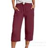 Amazon Wish Transfronterizo Moda Femenina Europea y Americana Color Sólido Algodón y Lino Holgado Cordón Pantalones Casuales Acortados de Pierna Ancha para Mujer