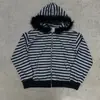 Moletom com Capuz Estilo Y2K Listrado Retrô Escuro com Design de Gola de Pelo, Zíper, Estilo Nicho Tendência, Novo Modelo Outono e Inverno Transfronteiriço