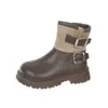 Botas Infantis Cano Baixo Super Macias Outono e Inverno Botas de Couro para Meninas Estilo Princesa Botas Forradas com Lã Fivela de Cinto Botas Curtas para Meninos Único