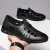 Zapatos de Cuero Calados para Hombre, Zapatos de Cuero Transpirables para Verano, Zapatos Slip-On Frescos de Punta Redonda y Suela Fina, Zapatos Ligeros para Conducir para Hombre