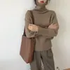 Suéter de Gola Alta Macio e Ceroso Feminino Outono e Inverno Novo Solto Simples Versátil Pulôver Cor Sólida Roupa Externa Top de Tricô Preguiçoso