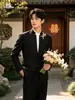 Nuevo traje de estilo chino con cuello mao para hombre, con bordado de espigas de trigo doradas, traje negro Zhongshan, adecuado para novios, bodas y compromisos, exudando un sentido de lujo