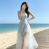 Vestido regata floral estilo francês para mulheres, novo modelo verão 2026, vibe de férias na praia, elegante vestido longo que marca a cintura