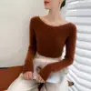 Camiseta Interior de Punto de Una Sola Línea con Efecto Ondas de Agua, Nueva de Punto para Otoño e Invierno, Lista para Usar, Cuello de una Pieza, Color Puro, Cachemira para Mujer, Corte Ajustado