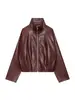 Venta al por mayor transfronteriza de ropa para mujer: nuevos estilos de otoño, moda europea y americana, chaqueta de cuero versátil retro con cuello alto y cremallera