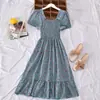 Vestido de Verão 2026 de Roupas Femininas Transfronteiriças, Novo Estilo Coreano, Gola Quadrada Retrô, Estampa Floral, Ajuste na Cintura, Emagrecimento, Acabamento com Babados