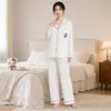 Algodão Nuvem Simples Japonês Preto Bolinhas Gatinho Bordado Roupa de Casa Feminina Gola Lapela Primavera Outono Manga Longa Conjunto de Pijama Fornecimento