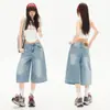 Calças jeans de verão estilo americano, perna larga, drapeadas, soltas, cropped para pessoas baixinhas, calças cropped azul claro tingidas com motivos de primavera