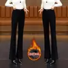 Feito sob medida, estilo maduro, com decoração de fivela de metal, forrado com fleece e espessado, preto, adequado para pessoas altas, cintura alta, elegante e versátil para outono e inverno