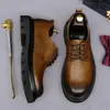 Estilo retro de ropa de trabajo, suela gruesa, zapatos casuales de cuero genuino para hombre, puntera redonda, zapatos Derby de piel de vaca, diseño moderno de cuero desgastado y agrietado