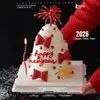 Hola 2026 Decoración de Pastel de Fuegos Artificiales de Año Nuevo Acrílico Topper Rojo Lazo de Cuero 3D Adorno de Nochevieja
