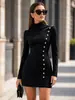 Vestido de moda para mujer de comercio exterior europeo y americano, cuello semi-alto, plisado, vestido corto ajustado con hebilla metálica, vestido de fiesta de manga larga