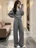 Conjunto de duas peças casual descontraído para mulheres, com cardigã com zíper e capuz e calça pantalona, terno de moda emagrecedor outono 2026