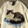 Camiseta de manga curta com estampa de gato em estilo pintura a óleo, gola redonda, corte solto, versátil, top casual de verão para estudantes, feito de seda de leite.