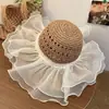 Chapéu de Palha de Topo Plano com Franjas e Laço para Mulheres Verão Férias na Praia Estilo Japonês Havaiano Tecido de Sol Chapéu de Sol