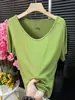 Camiseta de Verano Holgada de Manga Corta con Cuello en V para Mujer 2025 Estilo Coreano Color Sólido Simple Moda Versátil Elegante Top Adelgazante