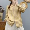 Camisa a cuadros retro de otoño para mujer, de manga larga, corte holgado, adelgazante, con diseño de gasa de doble capa, algodón puro, versátil y elegante