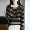 Suéter de Punto Fino de Lana Redondo Manga Larga para Mujer Bloque de Color Rayas Ajuste Holgado Camiseta Básica Nuevo Otoño 2026