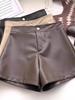 Shorts de Couro PU Preto para Mulheres Outono e Inverno 2023 Novo Cintura Alta Slim Perna Larga Calças Fashionable Estilo Coreano Casual Calças Evasê