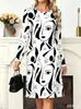 Estilo europeo y americano, cuello redondo, manga larga, estampado digital abstracto, vestido de corte recto, vestido midi de corte holgado, ropa para mujer de talla grande