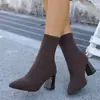 Botas Slim de Tricô para Mulheres, Botas de Salto Alto para Tornozelo, Botas Simples de Tricô Outono/Inverno, Botas Meia-Calça de Bico Quadrado, Salto Grosso, Estilo Novo Elástico de Inverno