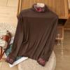 Outono e Inverno Novo Artístico Étnico Veludo Bordado Vintage Base Gola Alta Top de Manga Longa Bordado Interno Estilo Étnico Feminino