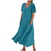 Vestido Feminino Transfronteiriço Europeu e Americano Amazon Cor Sólida Gola Redonda Manga Curta Bainha Longa Solta