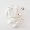 Conjunto de duas peças fino de algodão 40g de cintura alta para bebês, roupas sem costura para proteger a barriga na primavera e no outono, roupas de casa para crianças, roupas térmicas para bebês