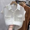 Camisa de Manga Corta con Cuello Polo 2025 para Mujer, Estilo Casual Hong Kong Veraniego, Holgada y Elegante, Texturizada, Versátil