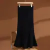 Saia Lápis de Tricô com Lantejoulas Estilo Coreano Simples 100% Lã Cintura Alta Elástica Slim Fit Midi Justa ao Corpo Espessa de Alta Qualidade