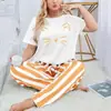 Ropa de Dormir Nueva Transfronteriza Rusa 2024 para Mujer Tallas Grandes Tallas Grandes Estampado de Marca Superior Pantalones Rayados Ropa de Casa