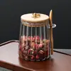 Pote Redondo de Vidro com Colher, Selado, Listras Verticais, Argola de Puxar de Metal em Formato de Pétala, Pote para Armazenamento de Grãos e Chá, Caixa de Armazenamento