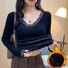 Tops Calientes para Mujer en Invierno, Terciopelo Engrosado con Almohadillas en el Pecho, Ropa de Otoño con Cuello en V, Camisetas Básicas Ajustadas, Camisas de Manga Larga