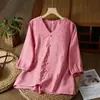 Top Casual Suelto de Moda para Mujer de Verano, Bordado Retro de Algodón y Lino, Cuello en V, Manga Media, Tallas Grandes para Mujeres de Mediana Edad