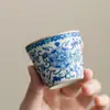Xícara Mestra Ruyao Azul e Branca com Padrão de Lótus, Xícara de Cerâmica Vintage para Degustação, Acessório para Conjunto de Chá Doméstico, Xícara de Chá Individual