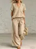 2026 Moda Casual Cruzada Europea y Americana Nueva para Mujer Color Sólido Cuello en V Holgado Manga Corta Pantalones Largos Casuales Conjunto de Dos Piezas