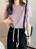 Blusa Feminina de Verão Estilo Coreano Manga Curta Estreita Skin-friendly Algodão Puro Estilosa Simples Versátil Gola Redonda Flor Cinza Camiseta