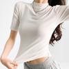 H525 Camiseta Feminina de Manga Curta Cuidadosamente Selecionada com Gola Alta Pequena, Estilo Fino para Primavera e Verão, Modelo Novo, Camiseta de Base com Mangas Médias