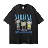 Camiseta Retro Lavada Floral de Manga Corta Oversize con Estampado de Banda Redonda de Moda Vintage Transfronteriza