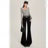 Jeans Bootcut Hot Girl Americano para Mulheres 2025 Outono e Inverno Novo Estilo Cintura Baixa Solto Emagrecimento Visual Elástico Versátil Calça Wide Leg