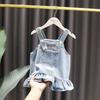 Conjunto de saia jeans com alça para bebê menina, camisa de boneca coreana para primavera, vestido de duas peças estilo ocidental para meninas